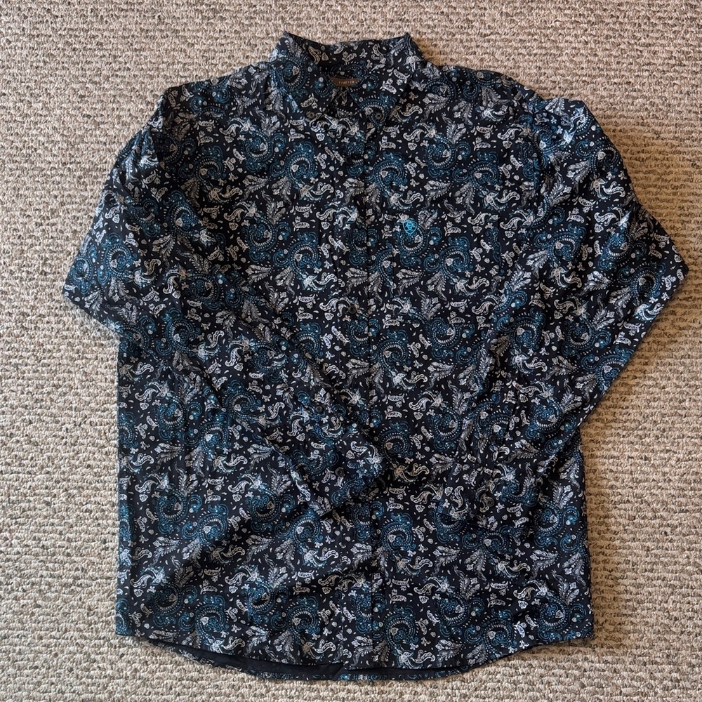 Ariat Men's Black and Teal Patterned Shirt